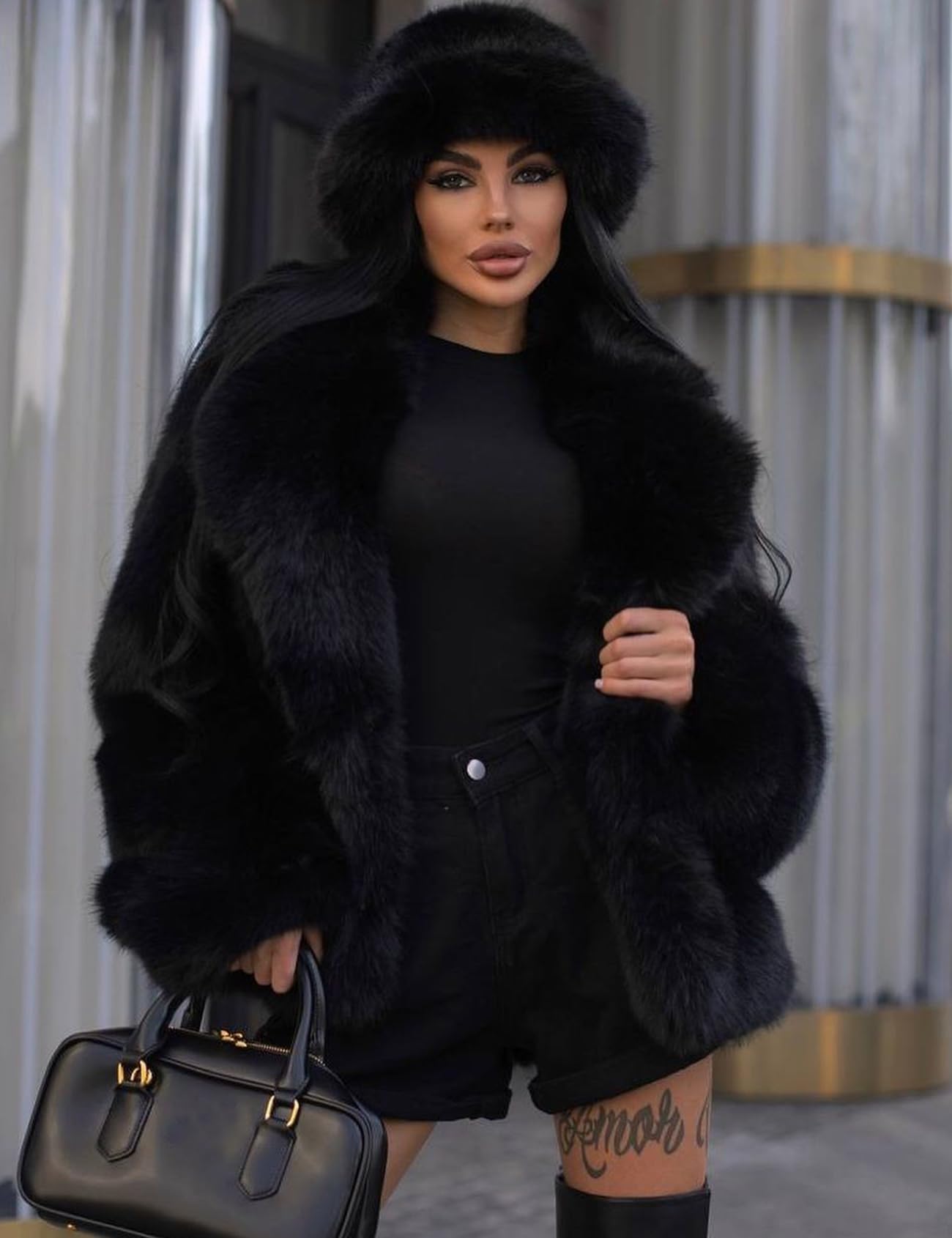 Flygo Women's Faux Fur Coat Fluffy Faux Fur Jacket Long Sleeve Lapel Furry Winter Jackets Shaggy Parka Short Coat