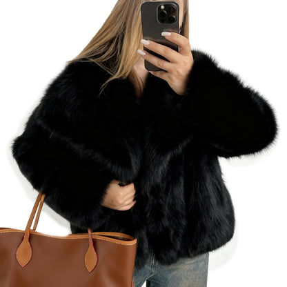 Flygo Women's Faux Fur Coat Fluffy Faux Fur Jacket Long Sleeve Lapel Furry Winter Jackets Shaggy Parka Short Coat