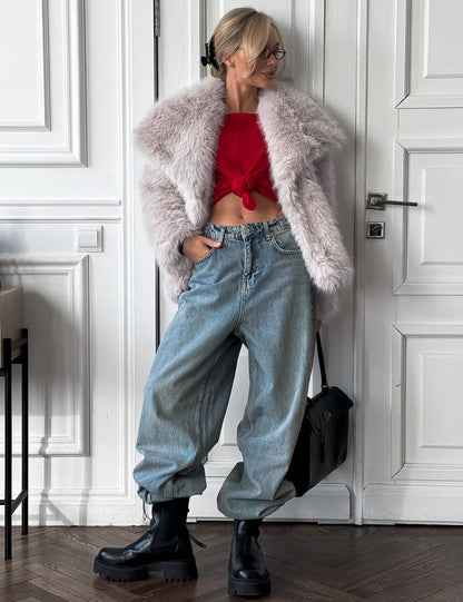 Flygo Women's Faux Fur Coat Fluffy Faux Fur Jacket Long Sleeve Lapel Furry Winter Jackets Shaggy Parka Short Coat