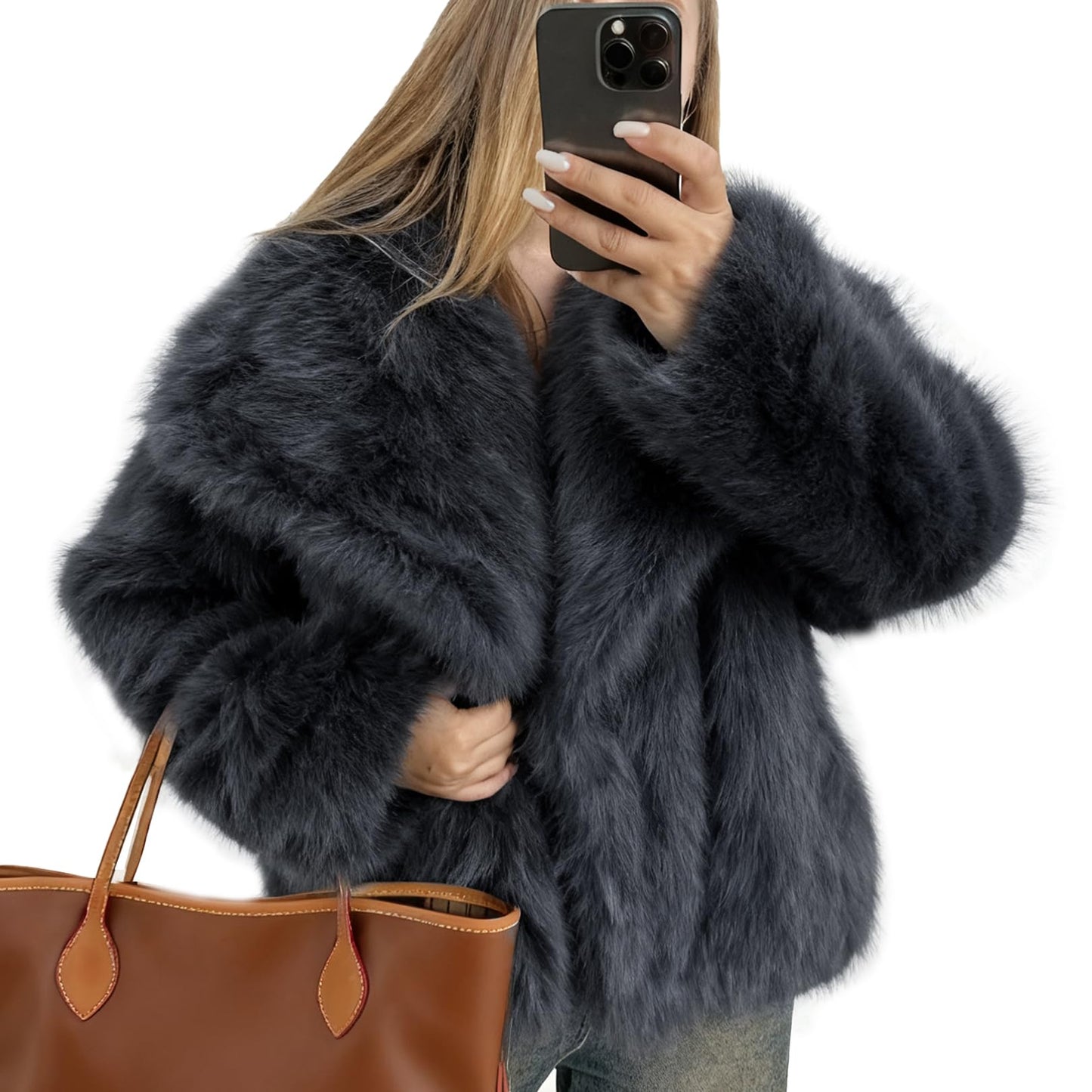 Flygo Women's Faux Fur Coat Fluffy Faux Fur Jacket Long Sleeve Lapel Furry Winter Jackets Shaggy Parka Short Coat