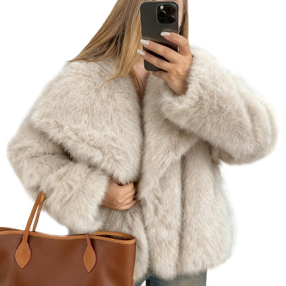 Flygo Women's Faux Fur Coat Fluffy Faux Fur Jacket Long Sleeve Lapel Furry Winter Jackets Shaggy Parka Short Coat