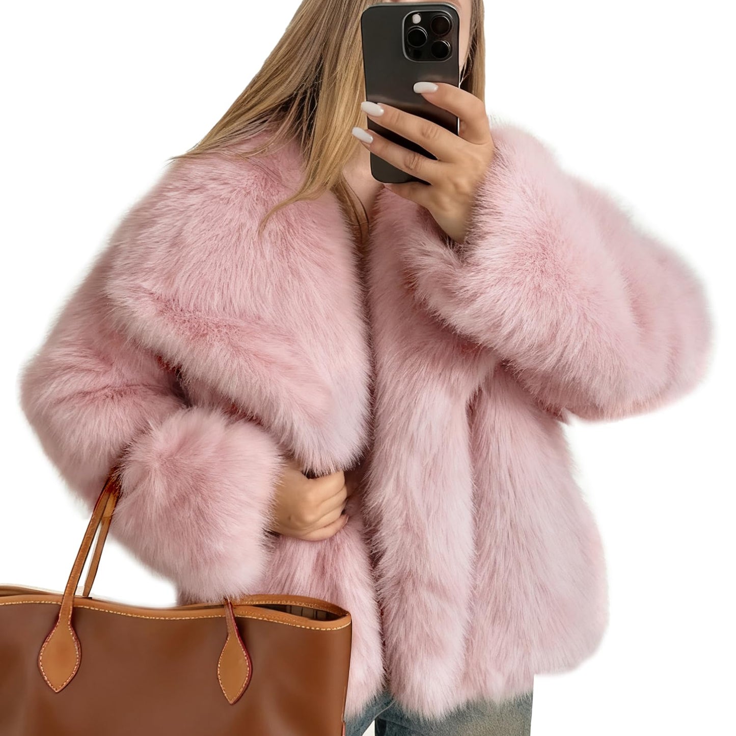 Flygo Women's Faux Fur Coat Fluffy Faux Fur Jacket Long Sleeve Lapel Furry Winter Jackets Shaggy Parka Short Coat