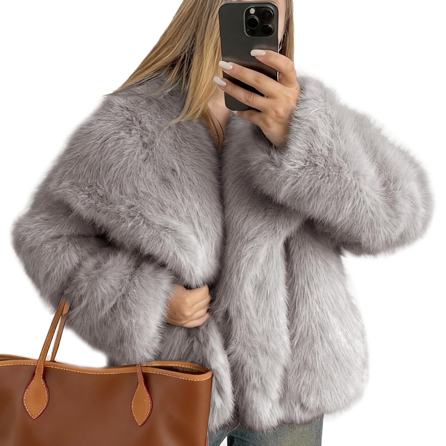 Flygo Women's Faux Fur Coat Fluffy Faux Fur Jacket Long Sleeve Lapel Furry Winter Jackets Shaggy Parka Short Coat