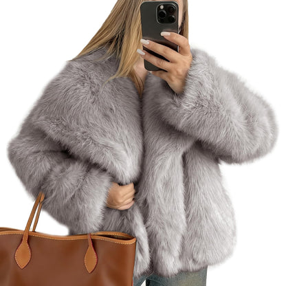 Flygo Women's Faux Fur Coat Fluffy Faux Fur Jacket Long Sleeve Lapel Furry Winter Jackets Shaggy Parka Short Coat
