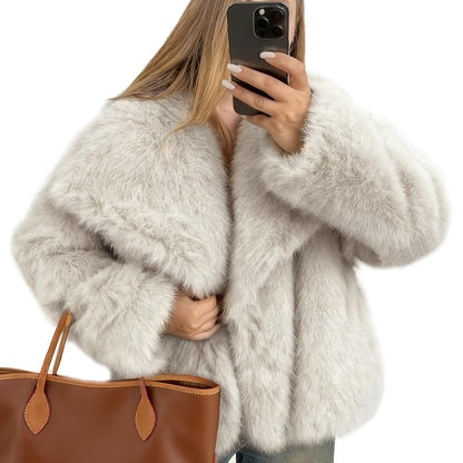 Flygo Women's Faux Fur Coat Fluffy Faux Fur Jacket Long Sleeve Lapel Furry Winter Jackets Shaggy Parka Short Coat