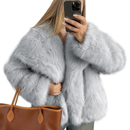 Flygo Women's Faux Fur Coat Fluffy Faux Fur Jacket Long Sleeve Lapel Furry Winter Jackets Shaggy Parka Short Coat