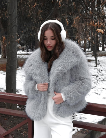 Flygo Women's Faux Fur Coat Fluffy Faux Fur Jacket Long Sleeve Lapel Furry Winter Jackets Shaggy Parka Short Coat