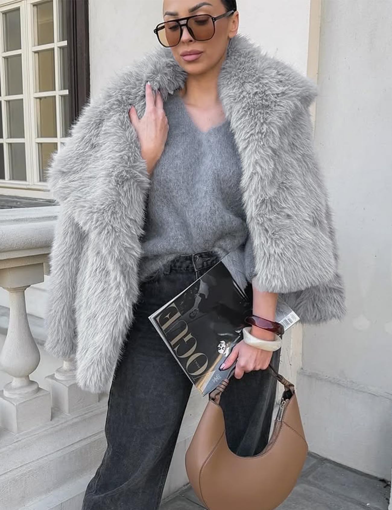 Flygo Women's Faux Fur Coat Fluffy Faux Fur Jacket Long Sleeve Lapel Furry Winter Jackets Shaggy Parka Short Coat