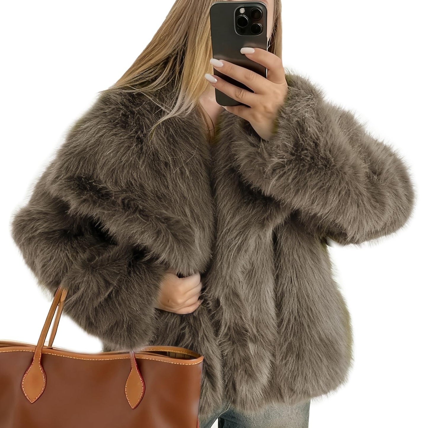 Flygo Women's Faux Fur Coat Fluffy Faux Fur Jacket Long Sleeve Lapel Furry Winter Jackets Shaggy Parka Short Coat