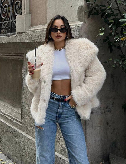 Flygo Women's Faux Fur Coat Fluffy Faux Fur Jacket Long Sleeve Lapel Furry Winter Jackets Shaggy Parka Short Coat