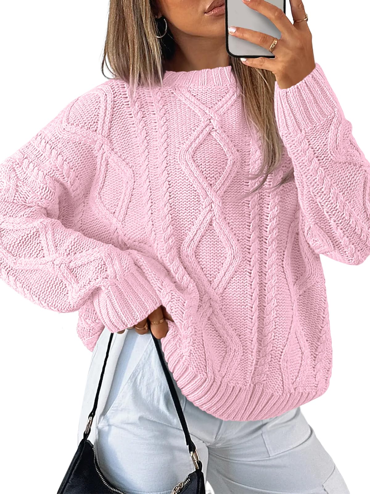 Trendy Queen Women's Oversized Cable Knit Crewneck Sweaters
