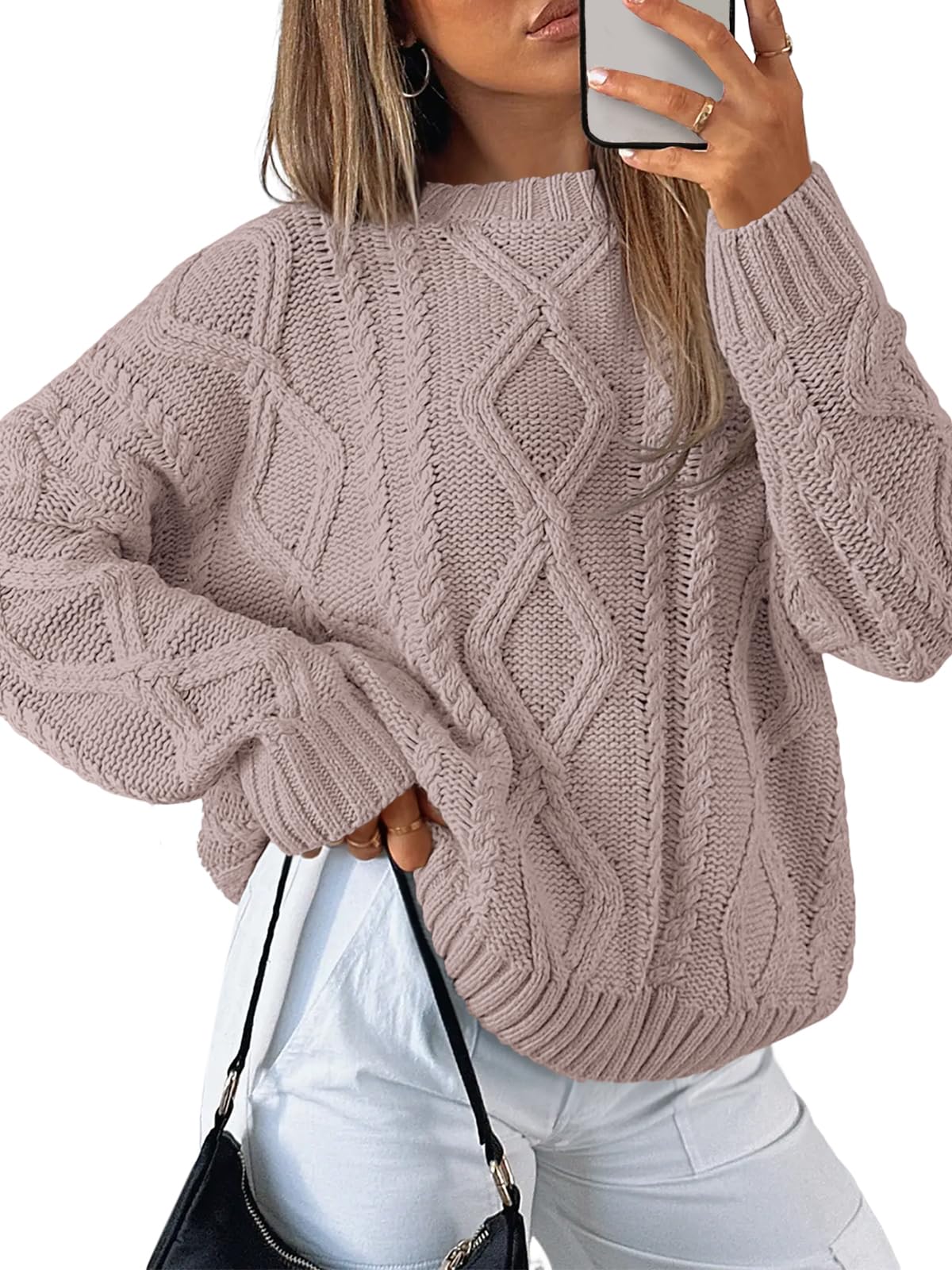 Trendy Queen Women's Oversized Cable Knit Crewneck Sweaters