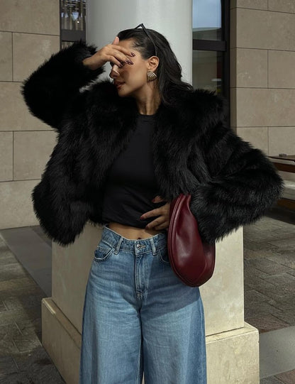 Flygo Women's Faux Fur Coat Fluffy Faux Fur Jacket Long Sleeve Lapel Furry Winter Jackets Shaggy Parka Short Coat