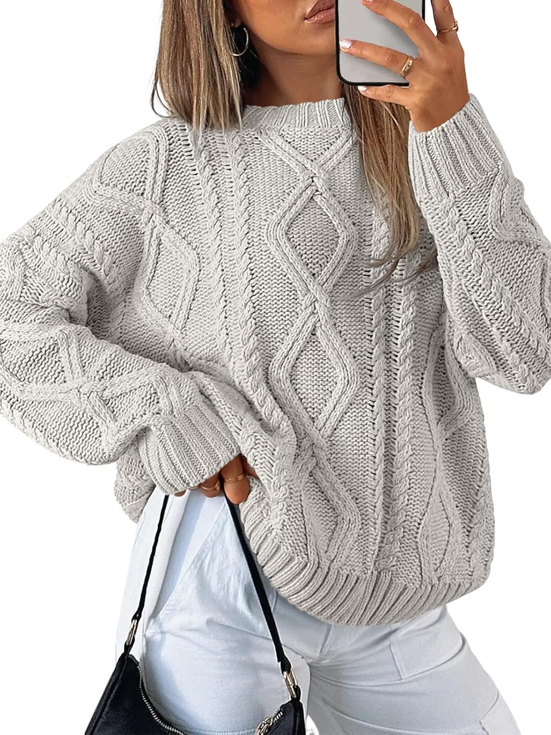 Trendy Queen Women's Oversized Cable Knit Crewneck Sweaters