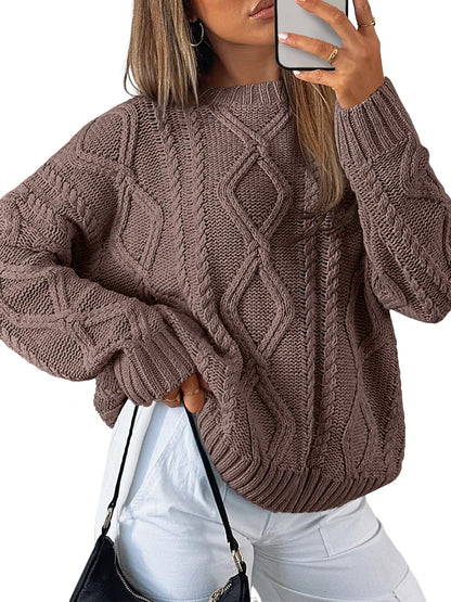 Trendy Queen Women's Oversized Cable Knit Crewneck Sweaters