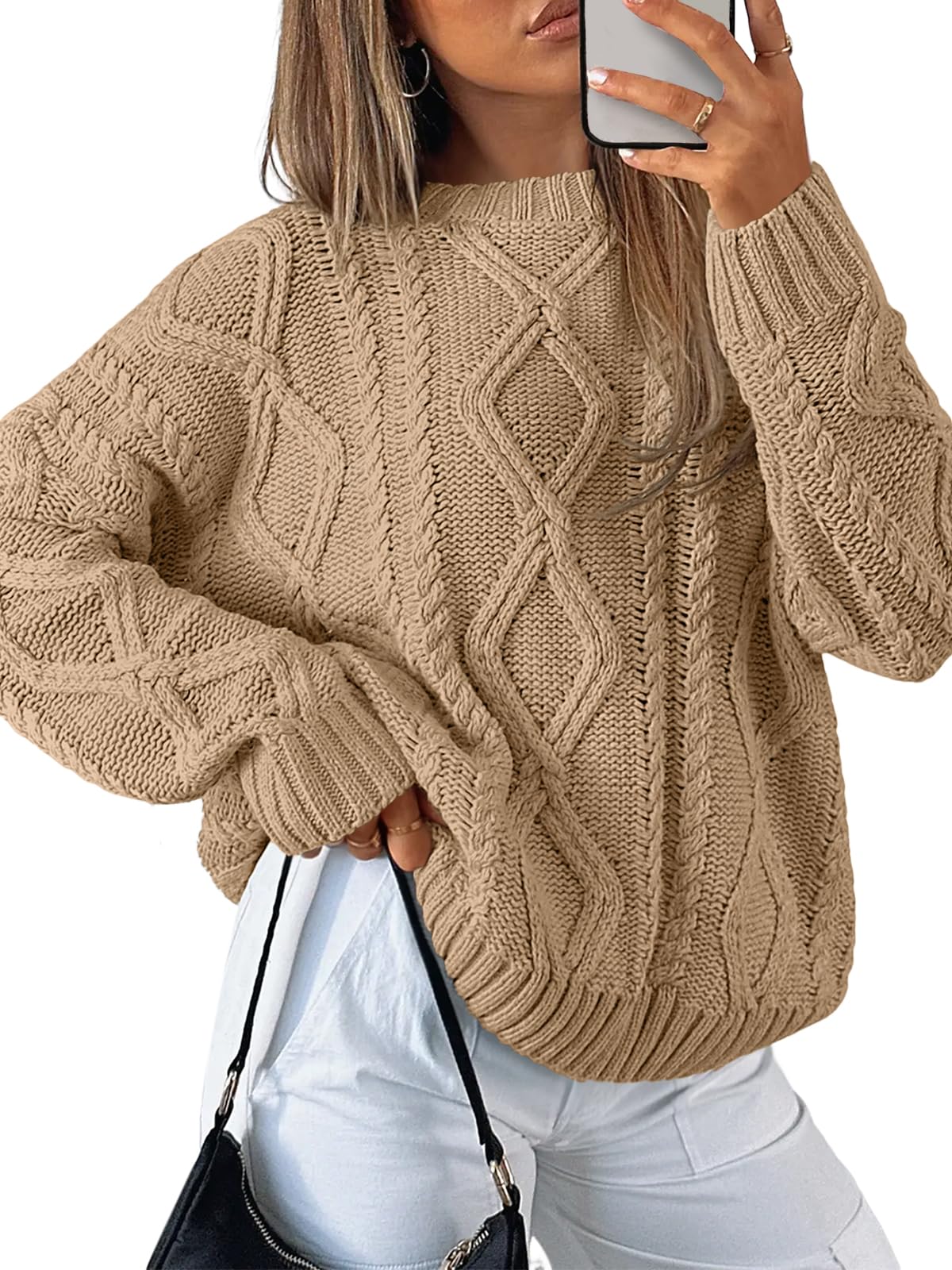 Trendy Queen Women's Oversized Cable Knit Crewneck Sweaters