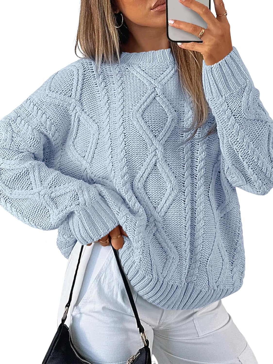 Trendy Queen Women's Oversized Cable Knit Crewneck Sweaters